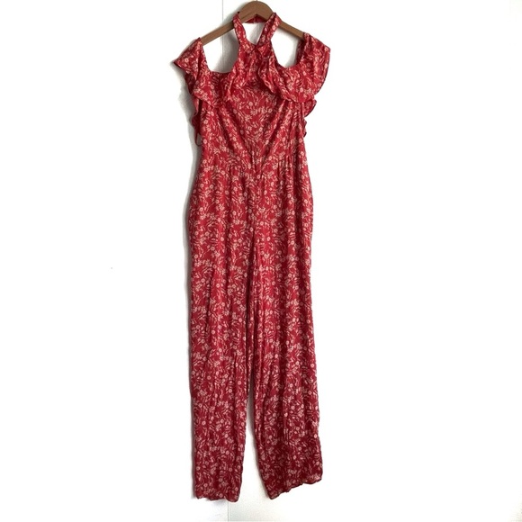 Ale by Alessandra Elegant Red Floral Women's Jumpsuit ruffle neckline size large - Picture 2 of 10